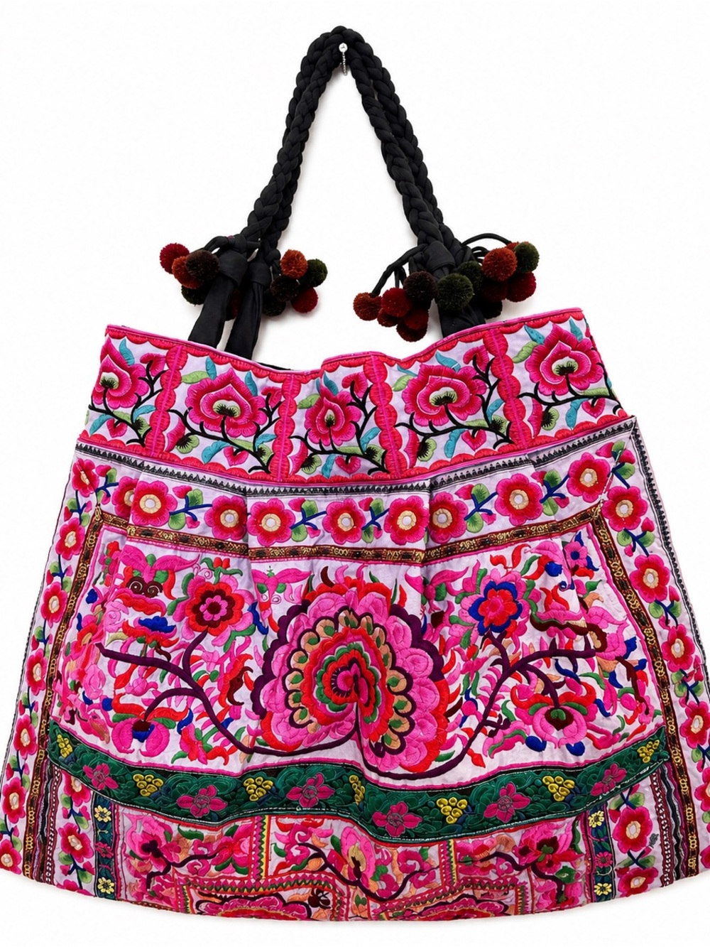 Thai Hmong Hemp Embroidered Floral Tote Shoulder Bag Pom Pom Boho Folk Art New
